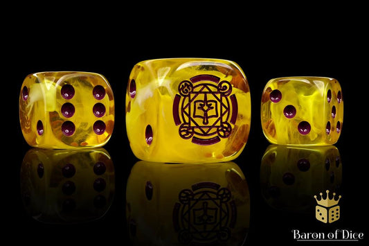 Conquest - Baron of Dice: Sorcerer Kings Faction Dice on Grey and Magenta swirl Dice