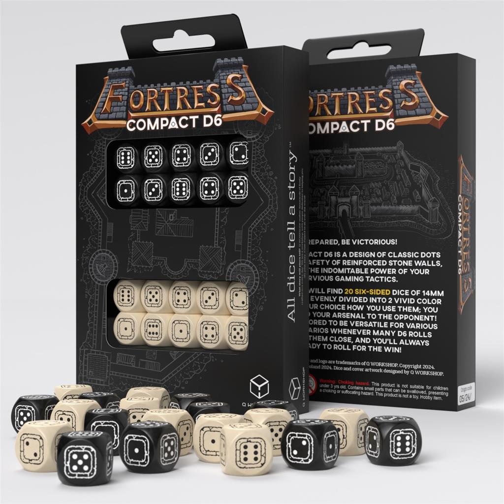 Fortress Compact D6: Svart & Beige - Set med 20 Tärningar