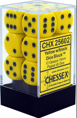 Chessex Opaque 16mm d6 Dice Blocks - Gula med svarta (12 Dice)