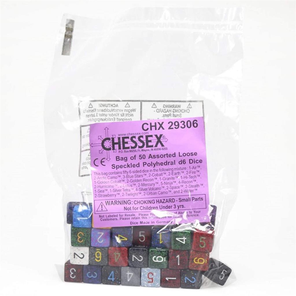 Chessex Speckled Påse med 50 Blandade Tärningar - Lös Specklad Polyhedral d6 Tärningar