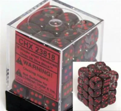 Chessex Translucent 12mm d6 with pips Dice Blocks (36 Dice) - Smoke w/red