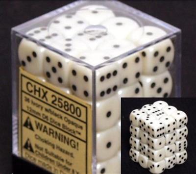 Chessex Opaque 12mm d6 with pips Dice Blocks (36 Dice) - Ivory w/black