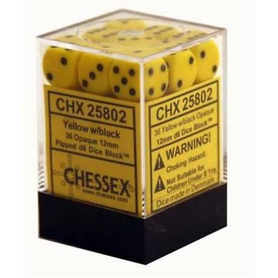 Chessex Opaque 12mm d6 with pips Dice Blocks (36 Dice) - Yellow w/black