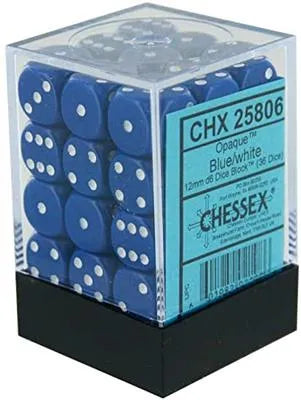 Chessex Opaque 12mm d6 with pips Dice Blocks (36 Dice) - Blue w/white