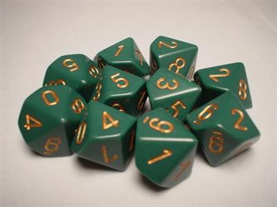 Chessex Opaque Polyhedral Ten d10 Set - Dusty Green/Guld