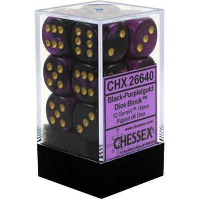 Chessex Gemini 16mm d6 with pips Dice Blocks (12 Dice) - Black-Purple w/gold