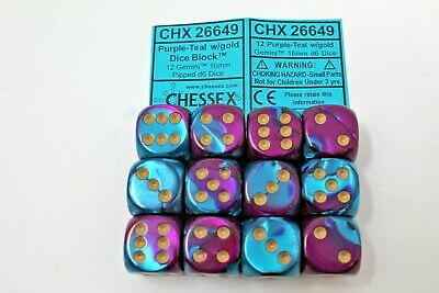 Chessex Gemini 16mm d6 med pips Tärningsblock (12 Tärningar) - Lila-Turkos med Guld