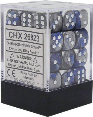 Chessex Gemini 12mm d6 Dice Blocks with pips Dice Blocks (36 Dice) - Blue-Steel w/white