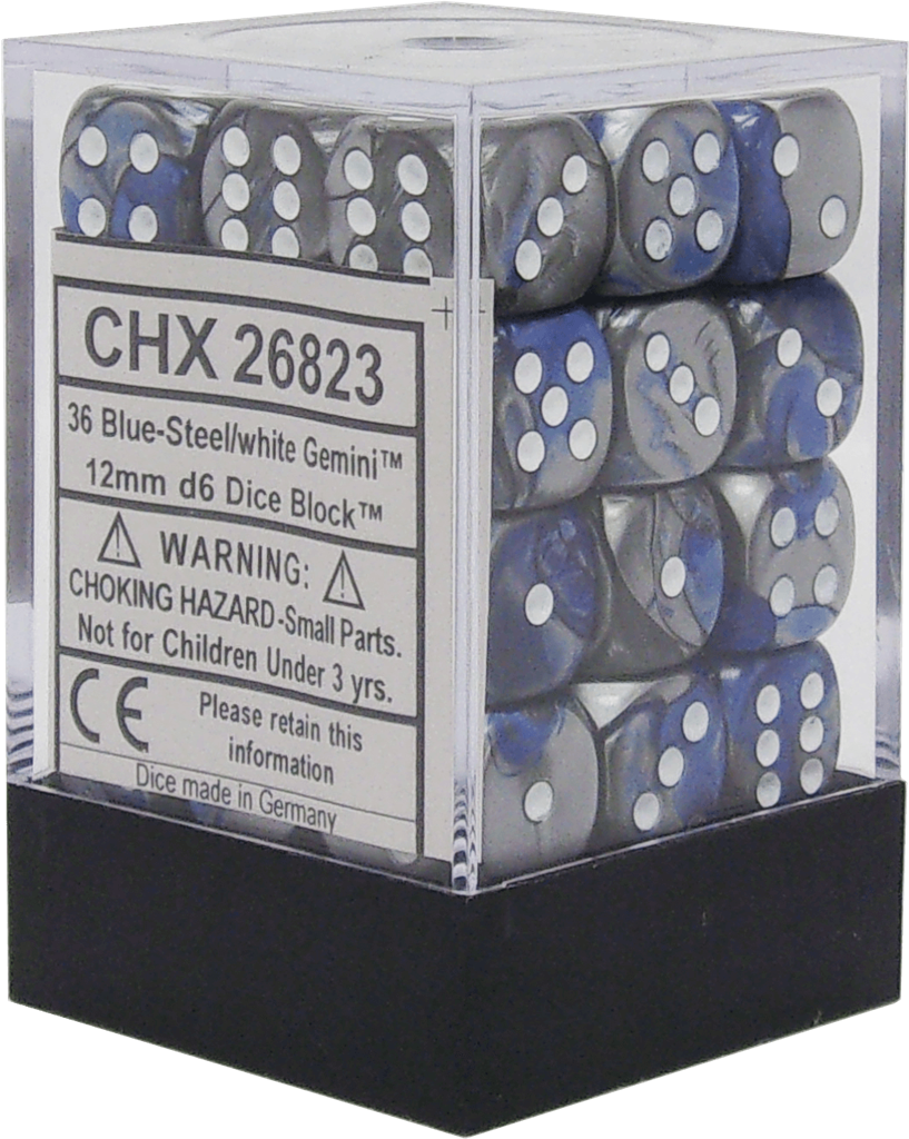 Chessex Gemini 12mm d6 Dice Blocks - Blue-Steel with White (36 Dice)