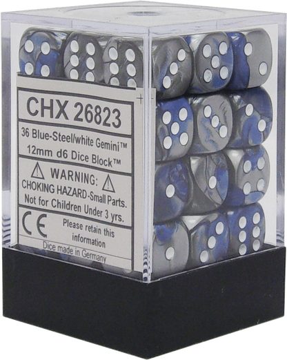 Chessex Gemini 12mm d6 Dice Blocks - Blue-Steel with White (36 Dice)