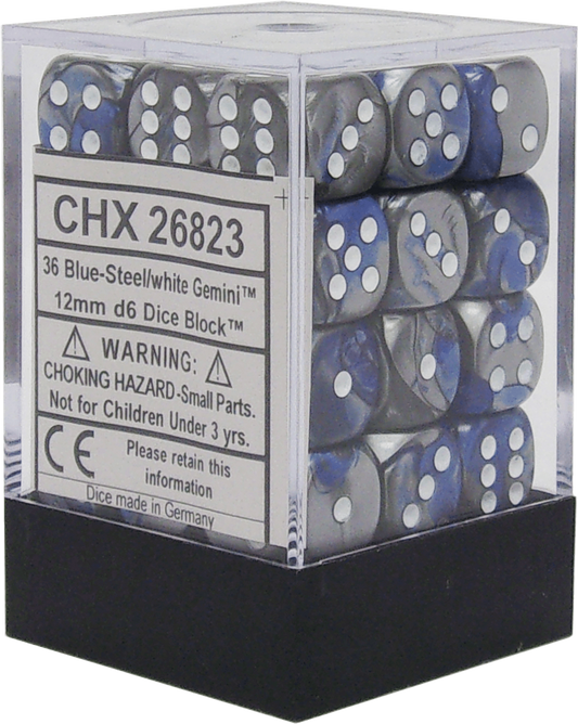 Chessex Gemini 12mm d6 Dice Blocks - Blue-Steel with White (36 Dice)