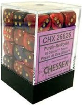 Chessex Gemini 12mm d6 Dice Blocks with pips Dice Blocks (36 Dice) - Purple-Red w/gold