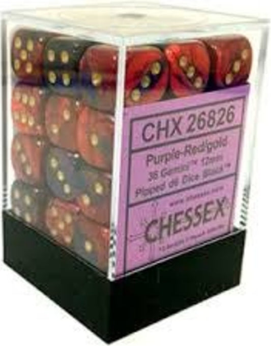 Chessex Gemini 12mm d6 Tärningsblock med Pips (36 Tärningar) - Lila-Röd med Guld