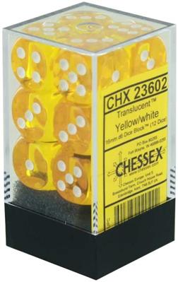 Chessex Translucent 16mm d6 med Pips Tärningsblock (12 Tärningar) - Gul med Vit