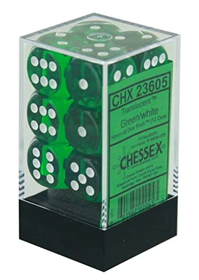 Chessex Genomskinliga 16mm d6 med prickar Tärningsblock (12 Tärningar) - Grön med vit