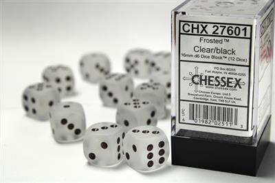 Chessex 16mm d6 med pips Tärningsblock (12 Tärningar) - Frostad Klar med Svart