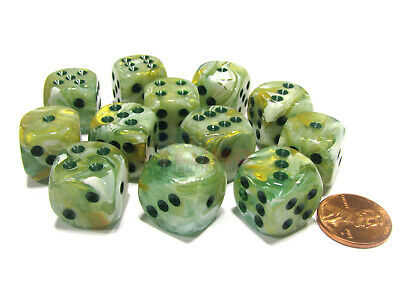 Chessex 16mm d6 Dice Block (12 Dice) - Marble Green with Dark Green