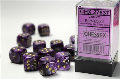 Chessex 16mm d6 with pips Dice Blocks (12 Dice) - Vortex Purple w/gold