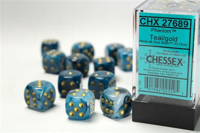 Chessex 16mm d6 med pips Dice Blocks (12 Dice) - Phantom Teal med guld