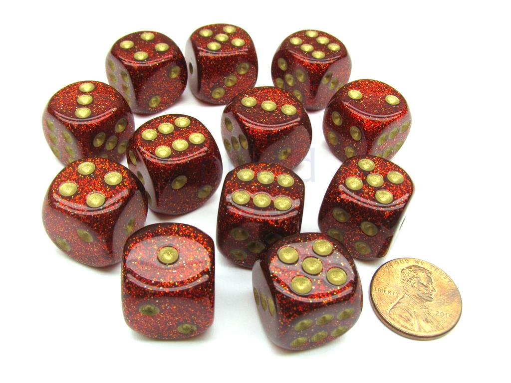 Chessex 16mm d6 with pips Dice Blocks (12 Dice) - Glitter Polyhedral Ruby/gold