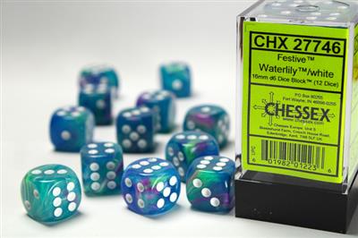 Chessex 16mm d6 with pips Dice Blocks (12 Dice) - Festive Waterlily/white