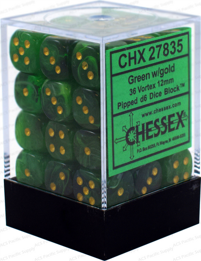 Chessex Signature 12mm d6 with pips Dice Blocks (36 Dice) - Vortex Green w/gold