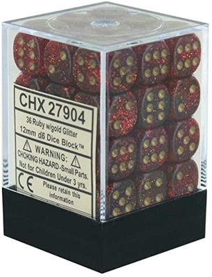 Chessex Signature 12mm d6 with pips Dice Blocks (36 Dice) - Glitter Polyhedral Ruby/gold