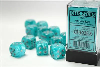 Chessex 16mm d6 med pips Tärningsblock (12 Tärningar) - Cirrus Aqua med silver