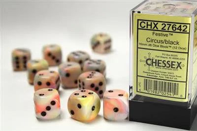 Chessex 16mm d6 Dice Block (12 Dice) - Festive Circus w/Black