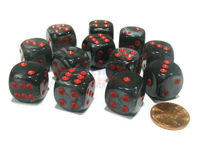 Chessex 16mm d6 with pips Dice Blocks (12 Dice) - Velvet Black w/red