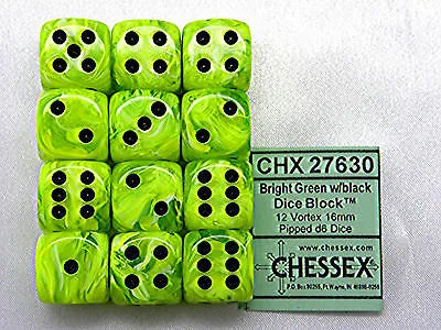 Chessex 16mm d6 Tärningar med Pips (12 Tärningar) - Vortex Bright Green