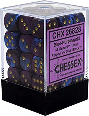 Chessex Gemini 12mm d6 Dice Blocks - Blue-Purple w/Gold (36 Dice)