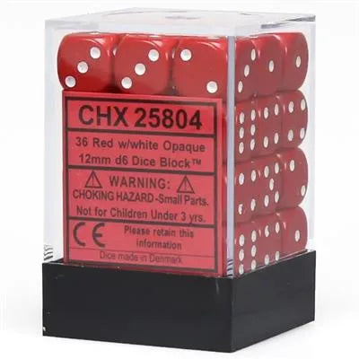 Chessex Opaque 12mm d6 with pips Dice Blocks (36 Dice) - Red w/white