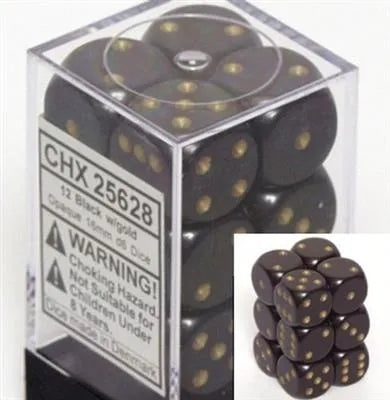 Chessex Opaque 16mm d6 with pips Dice Blocks (12 Dice) - Black w/gold