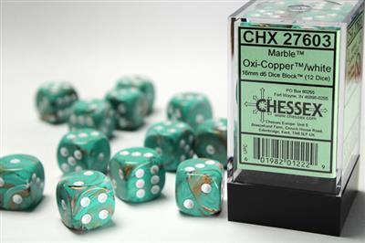 Chessex 16mm d6 Dice Blocks (12 Dice) - Marble Oxi-Copper/White