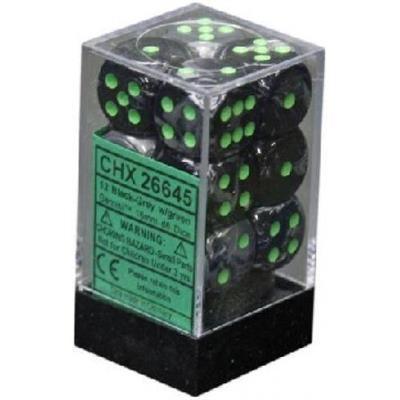 Chessex Gemini 16mm d6 med Pips Dice Blocks (12 Dice) - Svart-Grå med Grön